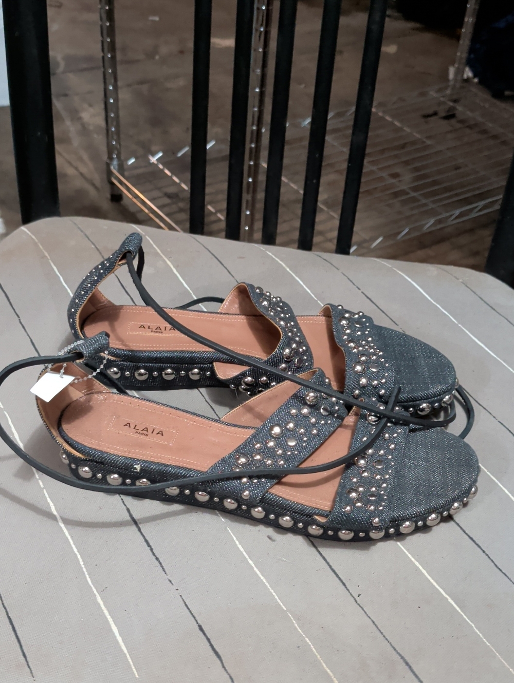 Nwob Alaïa Denim-Textured Pearl-Stud Sandals in Dark Blue